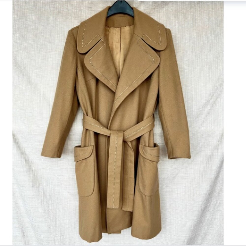 Vintage Wool Wrap Coat ILGWU Belted Coat Chic Pockets Top Stitching Camel Color